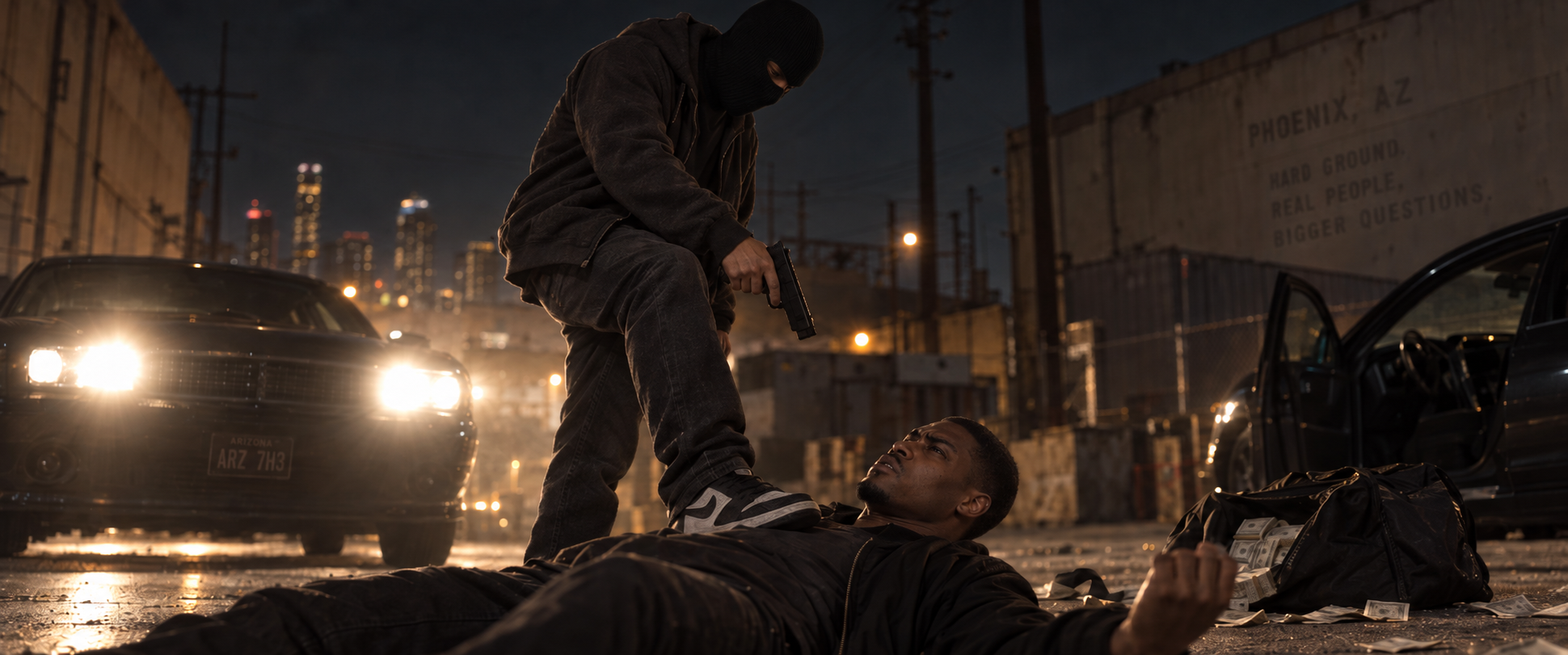 A masked Miguel stands over Marcus during the robbery